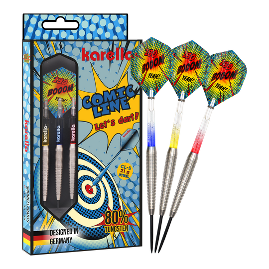 Das Bild zeigt die Karella Comic Line CL-5 Steeldarts - 21g. Es handelt sich um ein Set moderner Steeldarts mit auffälligem Design.