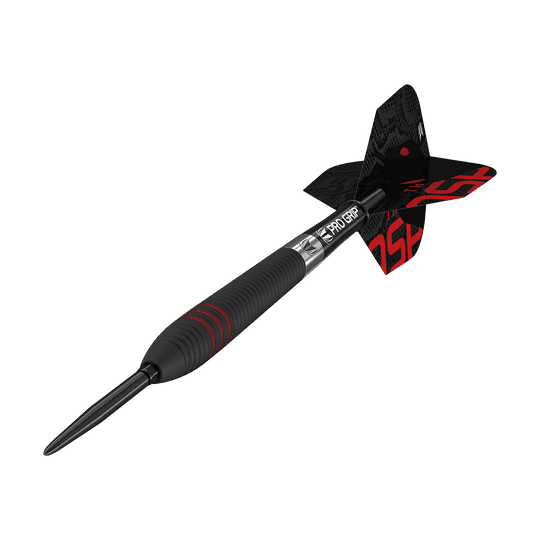 190216_Target_Nathan_Aspinall_Black_Swiss_Point_Steeldarts_4 Auf dem Bild ist ein schwarzer Steeldart mit roten Akzenten zu sehen. Der Dart hat eine strukturierte Griffzone und schwarze Flights mit roter Schrift.