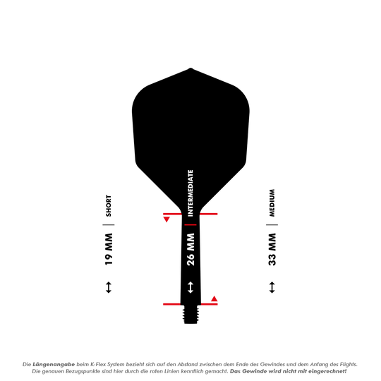 Target K-Flex No6 Flight System - White Das Bild zeigt eine Dart-Flightschafte mit Längenangaben in Millimetern. Es werden die drei Längen "Short" (19 mm), "Intermediate" (26 mm) und "Medium" (33 mm) dargestellt.