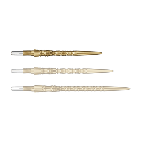 Target Signature Swiss Point TRB steel dart tips - gold Ein einzelner Target SwissPoint Signature TRB Dartspitze in Gold mit 30mm Länge wird gezeigt. Die Spitze ist detailliert abgebildet.