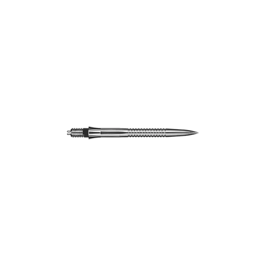 Caliburn EZ-EVO dart tips - Grooved - Silver Zu sehen sind Dartspitzen mit Rillen im silbernen Design und einer Länge von 28 mm. Diese Dartspitzen sind für präzises Dartspiel gedacht.