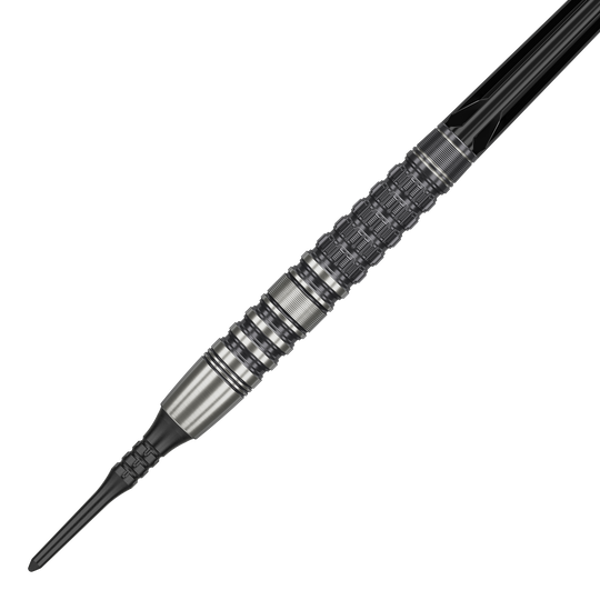 Target Japan Black Marque Lumiere GEN3 Soft Darts - 18.5g Das Bild zeigt einen Target Japan Black Marque Lumiere GEN3 Softdart mit einem Gewicht von 18,5g. Der Dart ist aus Metall gefertigt und besitzt ein detailliertes, strukturiertes Griffdesign.