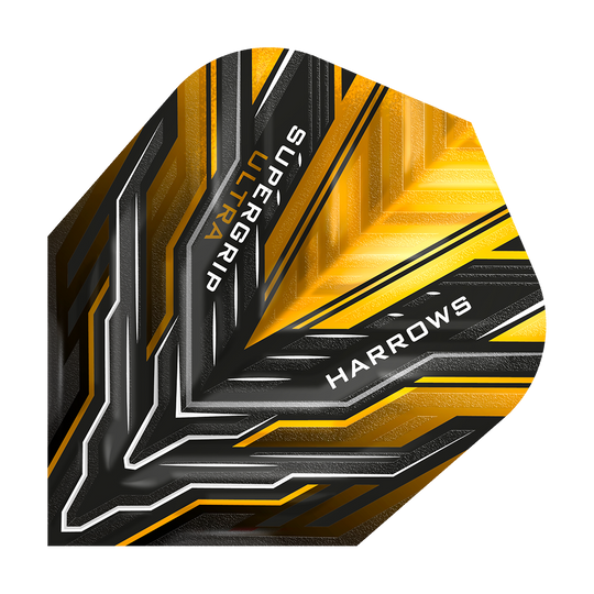 HR12_Harrows_Supergrip_Ultra_Sunset_Gold_Standard_Flights_1iQepwXjx1KEmJ Dies ist das Produkt "Harrows Supergrip Ultra Sunset Gold Standard Flights". Das Flight hat ein modernes Design in Schwarz, Gold und Silber mit dem Markennamen und Produktnamen darauf.