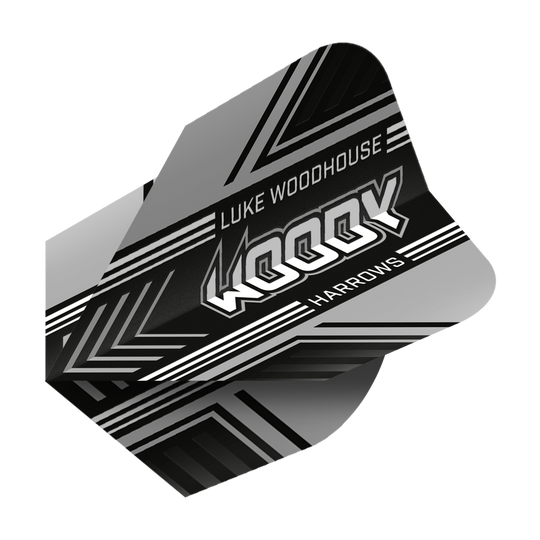 Harrows Prime Luke Woodhouse Woody No6 Flights Auf dem Bild ist ein schwarzer Dartflight mit weißen und grauen Mustern zu sehen. Der Flight trägt die Aufschrift "Luke Woodhouse WOODY Harrows".