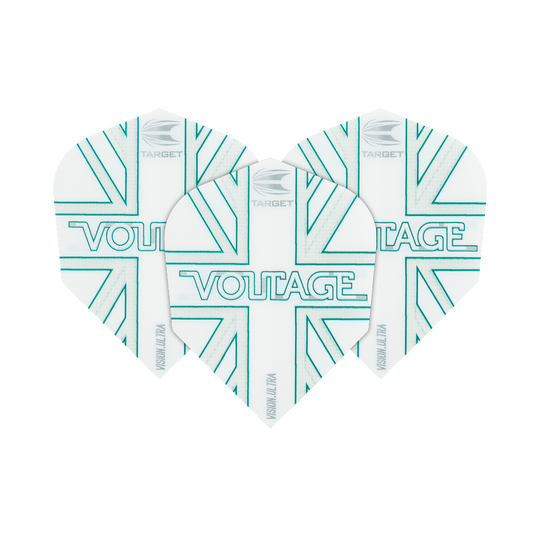 TG271_332850_Target_VisionUltra_Rob_Cross_Voltage_No6_Flights_1EEqIIjz4y96hW Das Bild zeigt drei weiße Dart-Flights mit türkisfarbenen Linien und dem Schriftzug "VOLTAGE" in der Mitte. Oben steht das Logo von "Target" und an der Seite ist "Vision Ultra" zu lesen.