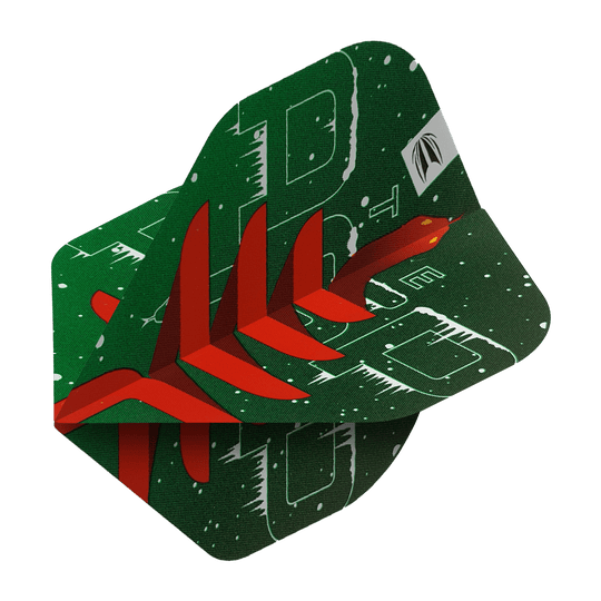 WF-2_Target_Merry_Christmas_Flights_Nathan_Aspinall_2 Das Bild zeigt das Produkt "Target Merry Christmas Flights Nathan Aspinall". Das Flight ist grün mit weihnachtlichen Mustern und einem roten Pfeildesign gestaltet.