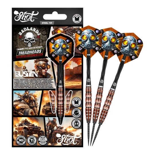 Das Bild präsentiert den Shot Badlands Rustin Steeldarts - 23g. Der komplette Dartpfeil ist abgebildet.