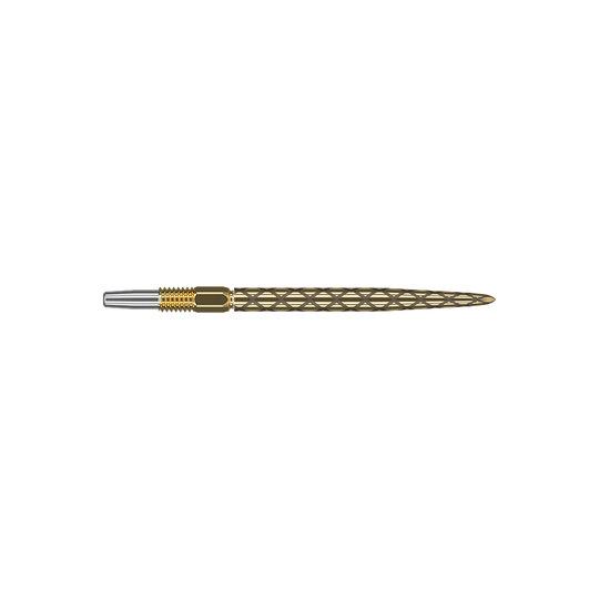 Target Swiss Diamond Pro Gold dart tips Das Bild zeigt eine goldene Dartspitze mit einem filigranen, rautenförmigen Muster. Die Spitze hat einen silbernen Ansatz und ist insgesamt schlank und länglich geformt.