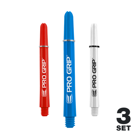 Auf dem Bild sind drei Dart-Schäfte in den Farben Rot, Blau und Weiß zu sehen. Sie tragen die Aufschrift "PRO GRIP" und sind als 3er-Set dargestellt.