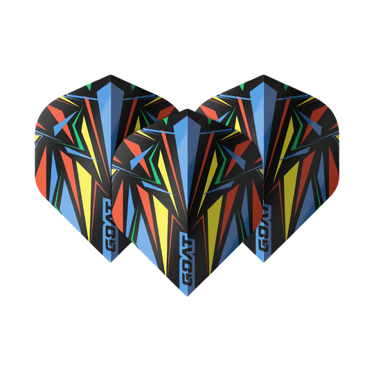 GOAT Athlete Blue No2 Standard Flights Das Bild zeigt drei bunte Dart-Flights mit geometrischem Muster in Blau, Gelb, Rot und Grün. Auf jedem Flight steht das Wort „GOAT“ am unteren Rand.
