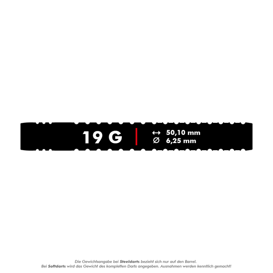 Das Bild zeigt die Produktinformationen zu den Target Chris Dobey GEN1 Softdarts mit einem Gewicht von 19 Gramm. Die Darts haben eine Länge von 50,10 mm und einen Durchmesser von 6,25 mm.