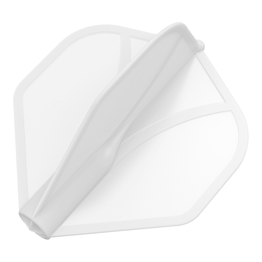 Shot Airfoil Molded No2 Standard Flights Das Bild zeigt eine transparente Dart-Flügel. Er hat eine aerodynamische Form und ist hauptsächlich weiß.