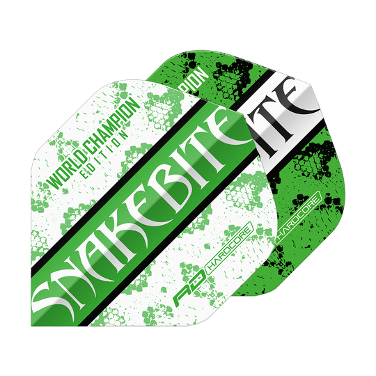 Das Bild zeigt zwei Dart-Flights in grün-weißem Design mit der Aufschrift "SNAKEBITE". Auf einem Flight steht zusätzlich "WORLD CHAMPION EDITION" und beide haben ein Schlangenhaut-Muster.