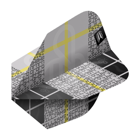 Das Bild zeigt ein Dartflight-Design der Marke Target Pro Ultra Scott Williams GEN2 No6. Die Flight ist überwiegend grau mit schwarzen und weißen Mustern sowie gelben Linien.