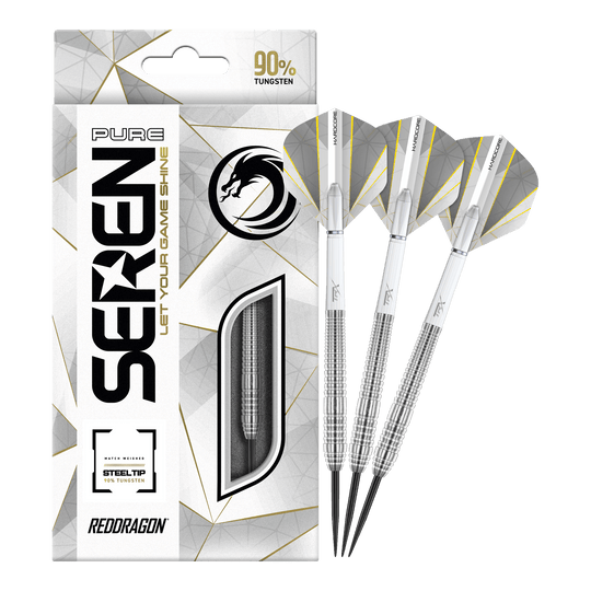 Red Dragon Seren 2 Pure Steeldarts Das Bild zeigt das Produkt "Red Dragon Seren 2 Pure Steeldarts" mit einer eleganten Verpackung. Neben der Packung sind drei silberne Steeldarts abgebildet.