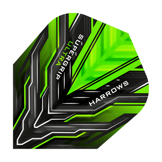 HR11_Harrows_Supergrip_Ultra_Green_Standard_Flights_1q2YYo4XWBmfJw Dies ist ein Harrows Supergrip Ultra Green Standard Flight für Darts. Das Flight ist schwarz und leuchtend grün mit weißen und silbernen Designelementen.