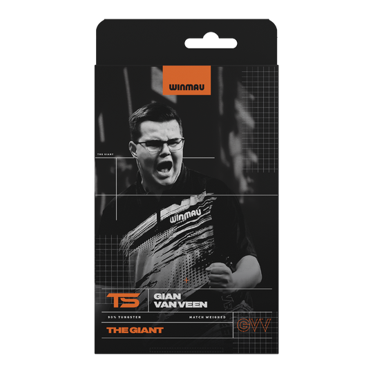 Winmau Gian Van Veen TS soft darts - 18g Abgebildet sind Winmau Gian Van Veen TS Softdarts, 18g. Die Darts sind einzeln aufgereiht zu sehen.
