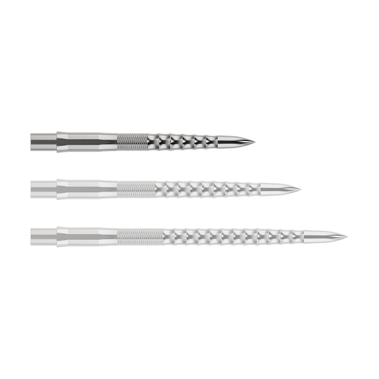 Mission Caliburn EVO dart tips - Ripple - Silver Das Bild zeigt drei silberne Steeldartspitzen, die nebeneinander liegen. Sie haben eine geriffelte Struktur und laufen vorne spitz zu.