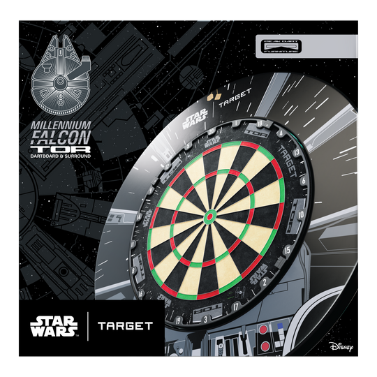 Target Star Wars Millennium Falcon TOR Dartboard Surround Bundle Auf dem Bild ist das Target Star Wars Millennium Falcon Surround Board Bundle zu sehen. Das Produkt richtet sich an Fans von Star Wars und Darts.