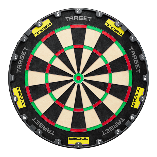 Das Bild zeigt ein Dartboard-Set mit dem Namen "Target Luke Littler World Champion 2025 Surround Tor Steeldartboard Bundle". Das Board hat eine schwarze Umrandung mit den Aufschriften "TARGET" und "TOR".