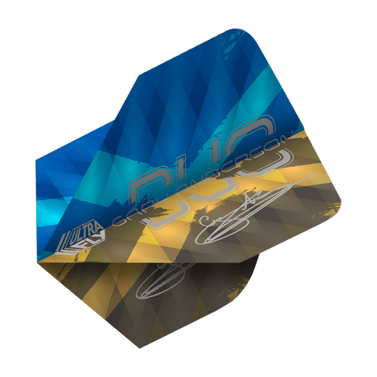 Unicorn Ultrafly 100 Gary Anderson Duo Plus Flights Das Bild zeigt ein Dartflight mit einem modernen Rautenmuster in Blau-, Gelb- und Brauntönen. Auf dem Flight stehen die Wörter "Gary Anderson Duo Plus" sowie eine Unterschrift.