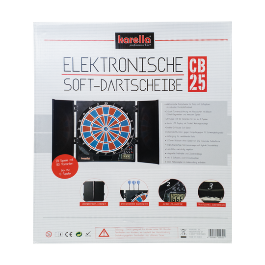 Electronic dartboard CB 25 tournament version Die Abbildung zeigt die Verpackung der elektronischen Soft-Dartscheibe CB 25 von Karella. Auf der Vorderseite sind Produktmerkmale und Bilder der Dartscheibe mit Zubehör abgebildet.