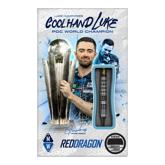 Red Dragon Luke Humphries Prestige Soft Darts - 20g Das Bild zeigt die Verpackung der "Red Dragon Luke Humphries Prestige Softdarts - 20g". Auf der Verpackung ist ein Foto von Luke Humphries mit einem Pokal zu sehen, sowie ein einzelner Dartpfeil als Produktabbildung.