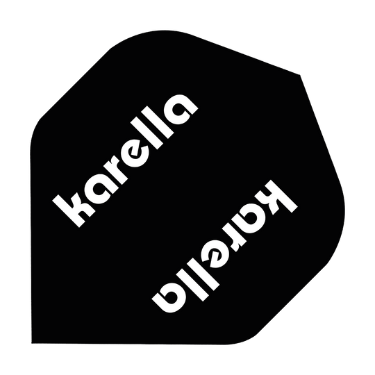 8032-09_Karella_XT-2_No2_Standard_Flights_1 Das Bild zeigt ein schwarzes Dart-Flight mit der Aufschrift "karella" in weißer Schrift. Es handelt sich um das Produkt "Karella XT-2 No2 Standard Flights".