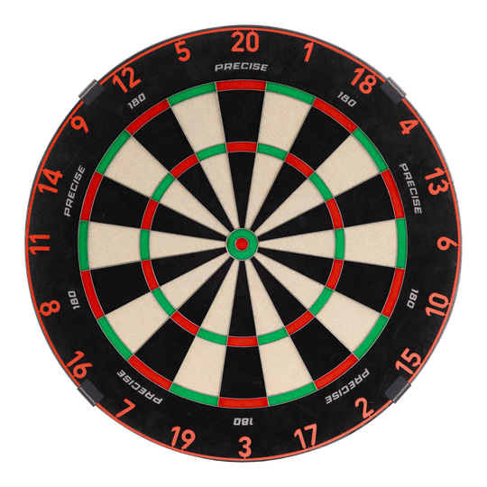 Zu sehen ist das Precise 180 Endorphine Steeldartboard mit Nummernring in Inferno Red. Es bietet eine professionelle Spielfläche für Darts.