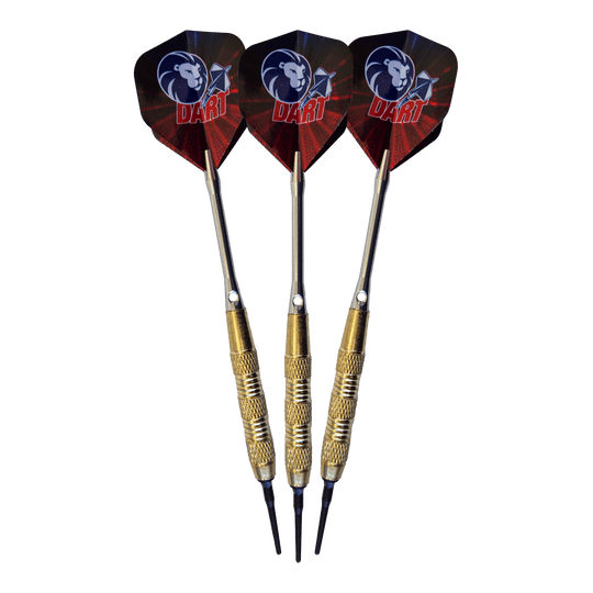 99 Löwen Soft-Tip Darts - 18g Das Bild zeigt drei 99 Löwen Soft-Tip Darts mit einem Gewicht von 18g. Die Flights sind schwarz-rot und mit einem Löwenkopf-Motiv sowie dem Schriftzug "DART" bedruckt.