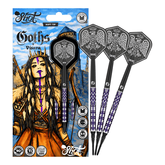 Shot Goths Visara Soft Darts - 20g Das Bild zeigt die Shot Goths Visara Softdarts - 20g. Diese Softdarts sind leicht und hochwertig verarbeitet.