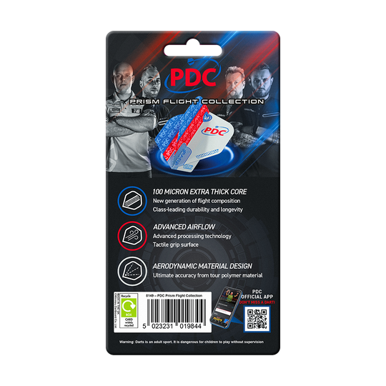 Winmau PDC Prism Flight Collection Das Bild zeigt die Verpackung der "Winmau PDC Prism Flight Collection" für Dartflights. Auf der Verpackung sind Produktmerkmale und Bilder von Dartspielern abgebildet.