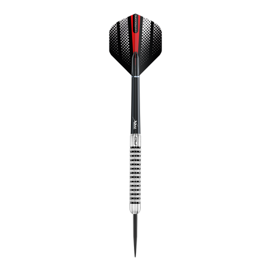 Das Bild zeigt die Red Dragon Flightmaster Fury 2 Steeldarts mit 25-Gramm-Gewicht. Die Darts verfügen über eine spezielle Grip-Oberfläche für bessere Kontrolle.