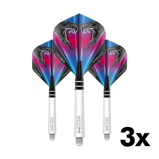 X0515_RedDragon_Peter_Wright_Flight_Shaft_Combo_V1_1 Das Bild zeigt drei Dartflights mit weißen Schäften aus dem Red Dragon Peter Wright Flight Shaft Combo Pack V1. Die Flights haben ein buntes Design mit einem Schlangenkopf-Motiv.