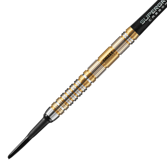 Harrow's Dave Chisnall Chizzy Series 2 soft darts Das Bild zeigt einen Harrows Dave Chisnall Chizzy Series 2 Softdart. Der Dartpfeil hat ein auffälliges Design mit goldenen und silbernen Ringen entlang des Barrels.