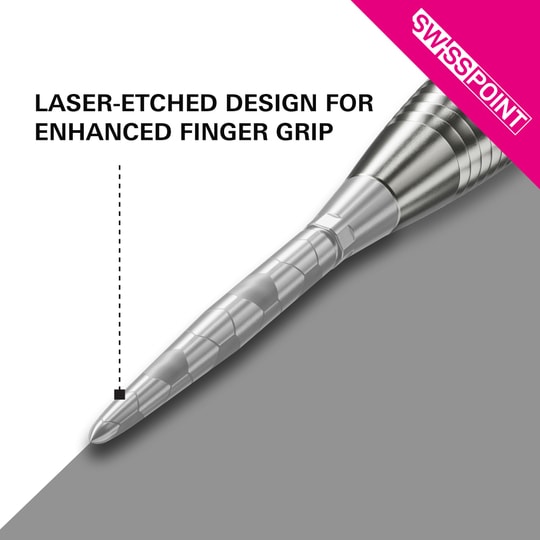 Target Swiss Storm Onyx Point Dart Tips - Silver Das Bild zeigt die silberne Dartspitze "Target Swiss Storm Onyx Point". Die Spitze verfügt über ein lasergraviertes Design für einen verbesserten Fingergriff.