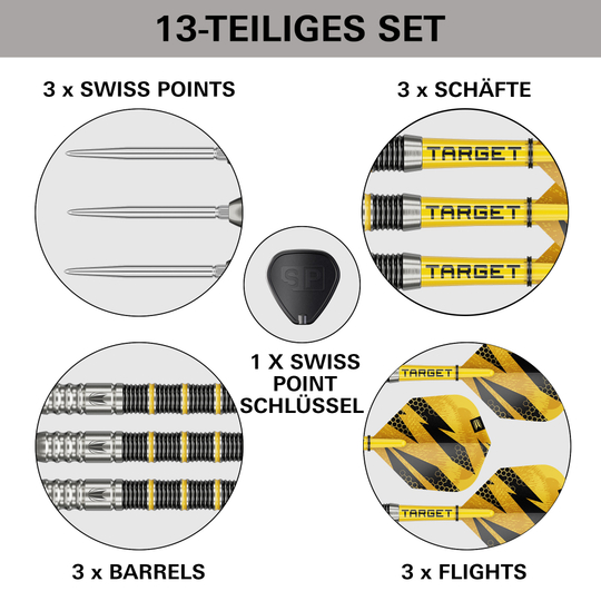 Das Bild zeigt die Target Buzz 02 Swiss Points Steeldarts. Die Steeldarts werden aus einer anderen Perspektive vorgestellt.