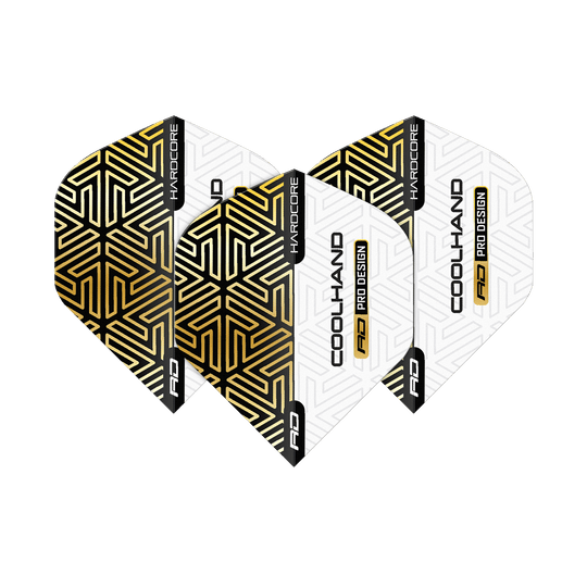 Red Dragon Hardcore Luke Humphries Gold White Premium Standard Flights Das Bild zeigt die "Red Dragon Hardcore Luke Humphries Gold White Premium Standard Flights". Die Flights sind weiß mit gold-schwarzem geometrischem Muster und schwarzem Schriftzug.