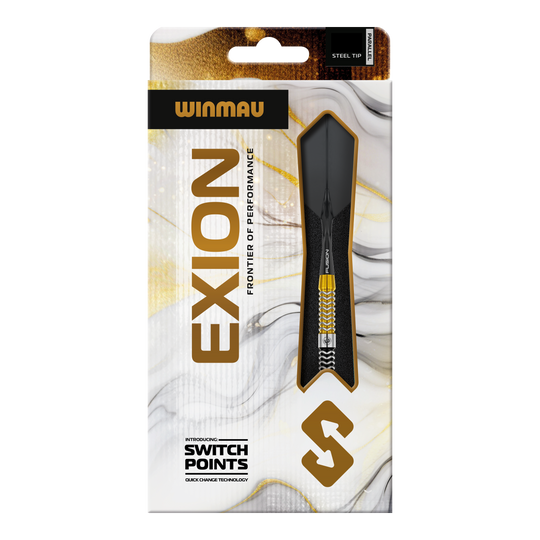 Das Bild zeigt die Winmau Exion Parallel Switch Point Steeldarts nochmals mit unterschiedlichen Details. Diese Darts überzeugen durch ihre hohe Qualität.