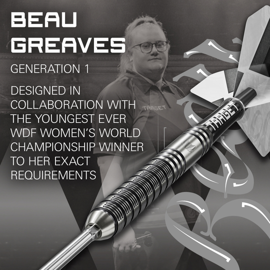 Target Beau Greaves GEN1 Swiss Point Steel Darts Dieses Foto zeigt die Target Beau Greaves GEN1 Swiss Point Steeldarts von der Seite. Die Details der Barrelstruktur sind klar erkennbar.