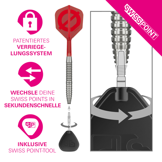 Target Group O 02 Swiss Points Steel Darts Das Target Group O 02 Swiss Points Steeldarts Set ist auf dem Bild zu sehen. Die Darts sind auf einer Oberfläche dargestellt.