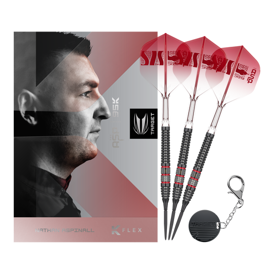 Target Nathan Aspinall 95K Swiss Point Steel Darts Volle Ansicht der Target Nathan Aspinall 95K Swiss Point Steeldarts. Die Darts sind in ihrer Gesamtheit abgebildet.