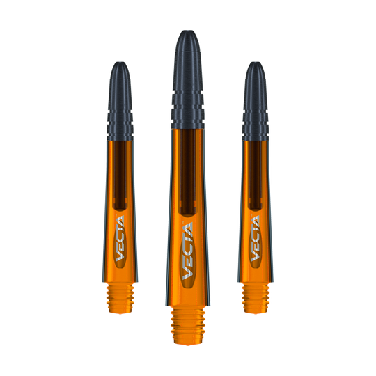 7025-110_Winmau_Vecta_Shafts_Orange_40mm_1 Das Bild zeigt drei orangefarbene Winmau Vecta Shafts mit schwarzer Spitze. Sie sind 37 mm lang und tragen den Schriftzug "VECTA".