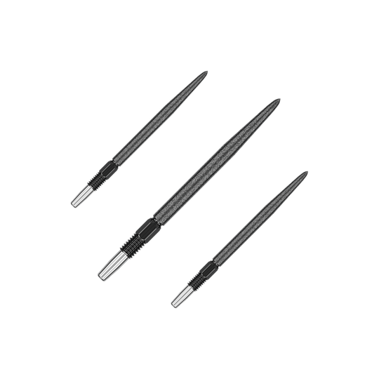 Das Bild zeigt drei schwarze Dartspitzen, die nebeneinander angeordnet sind. Die Spitzen sind schlank und haben eine gerillte Oberfläche am unteren Ende.