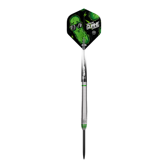 Hier sieht man die Bulls Max Czerwinski Gurke Steeldarts mit 23g. Die Darts zeichnen sich durch ihre besondere Form und Verarbeitung aus.