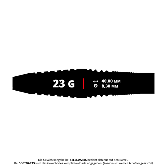 Zu sehen sind die Mission Michele Turetta Sandblasted Steeldarts mit einem Gewicht von 23g. Die Dartpfeile haben eine sandgestrahlte Oberfläche.