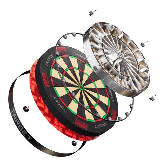 Target TOR Steel Dartboard Das Bild zeigt das Produkt "Target TOR Steeldartboard" in einer explodierten Ansicht. Die einzelnen Bauteile des Dartboards sind deutlich sichtbar und voneinander getrennt dargestellt.
