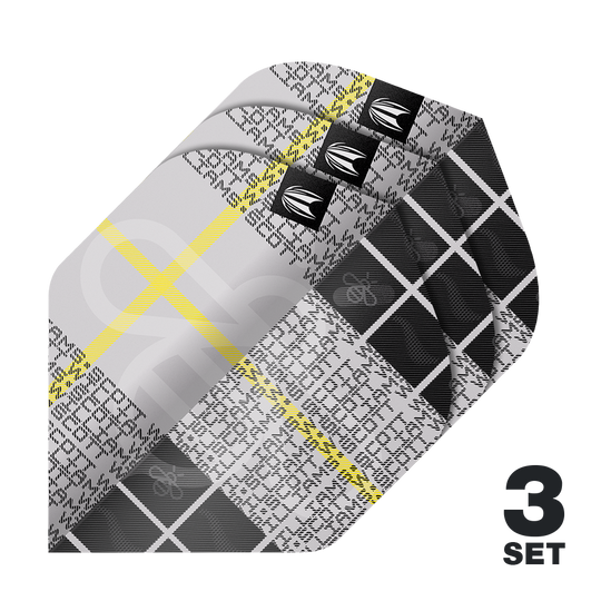 Das Bild zeigt drei Sets der Target Pro Ultra Scott Williams GEN2 No2 Standard Flights. Die Flights haben ein schwarz-graues Muster mit gelben Linien und weißen Schriftzügen.