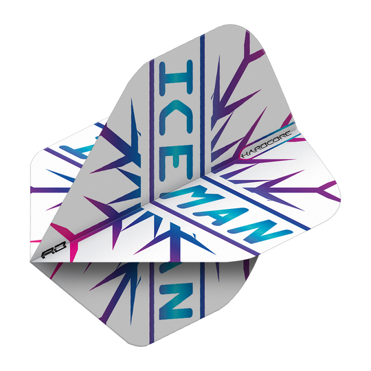 TF6827_Red_Dragon_Hardcore_Gerwyn_Price_Rainbow_Snowflake_Standard_Flights_23JBmUsXTkjE7i Das Bild zeigt ein Dartflights-Set mit dem Aufdruck "ICEMAN" in blauen und lila Farben. Die Flights haben ein schneeflockenähnliches Muster und den Schriftzug "HARDCORE" an der Seite.