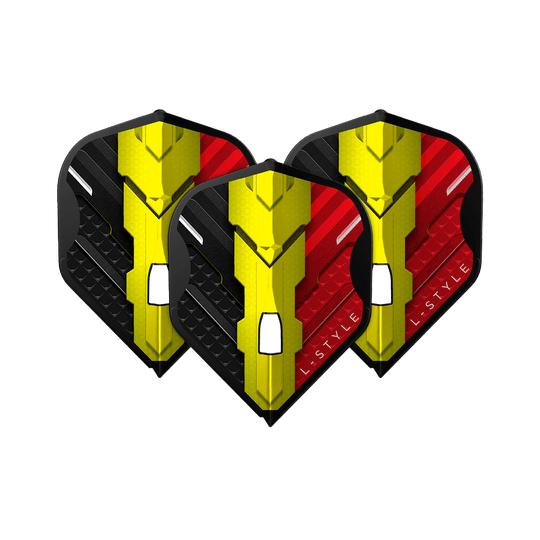 Das Bild zeigt drei Dart Flights des Modells "L-Style V-Series V1 Type C Belgium Black L1PRO". Die Flights sind in den Farben Schwarz, Gelb und Rot gestaltet und tragen das Logo "L-STYLE".